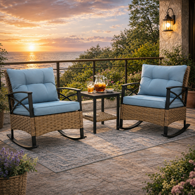 Seizeen Outdoor Rocking Chair Set of 2, Balcony Furniture Patio Bistro Set with Table for Living Room, Bedroom, 3pcs Rattan Wicker Conversation Set with Steel Table, Blue Cushions and Pillows