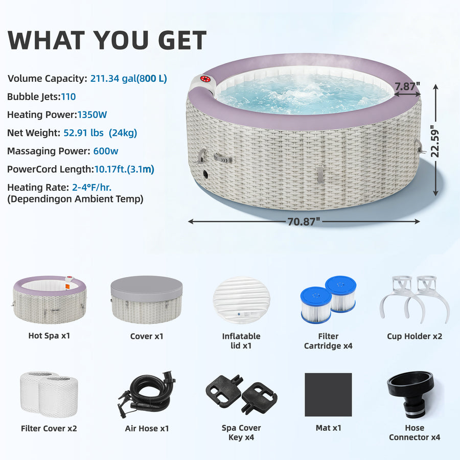 Seizeen 2-4 Persons Inflatable Hot Tub, 71in Round Hot Tub with Built-in Pump, Woven Pattern Home Spa with 110pcs Jets, Lockable Cover, 2 Cup Holders, 4 Filters Rapid Heating up to 104°F