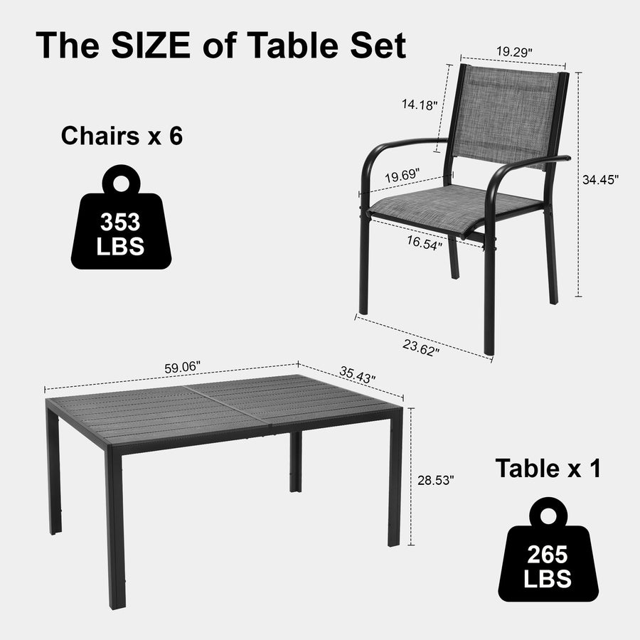 Patio Dining Set of 7, Outdoor Table and Chairs Textilene Design, Patio Furniture with Rectangle Plastic-wood Table, Space-saving Dining Table Set Stackable Design, Gray