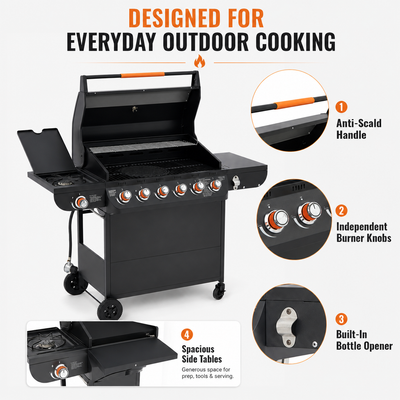 6-Burner Propane Gas Grill with Side Burner, 72,000 BTU Stainless Steel BBQ Grill with Cast Iron Grates, 650 Sq.In Cooking Area, Warming Rack, Thermometer, Side Tables & Wheels for Outdoor Patio Back