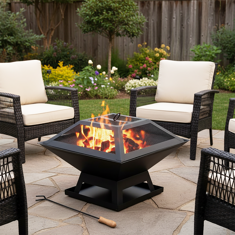 Portable Fire Pit for Outside, Seizeen Wood Burning Fire Pits 19'' Small Size, Square Firepit with Screen Cover, Fire Bowls with Ash Tray, Poker