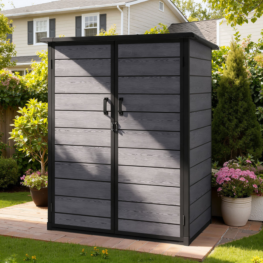 4.6x3FT Resin Storage Shed, Outdoor Lockable Cabinet with Floor and 2-Tier Shelf, Quick AssemblyDouble-Door Plastic Shed w/Floor & Sloping Top