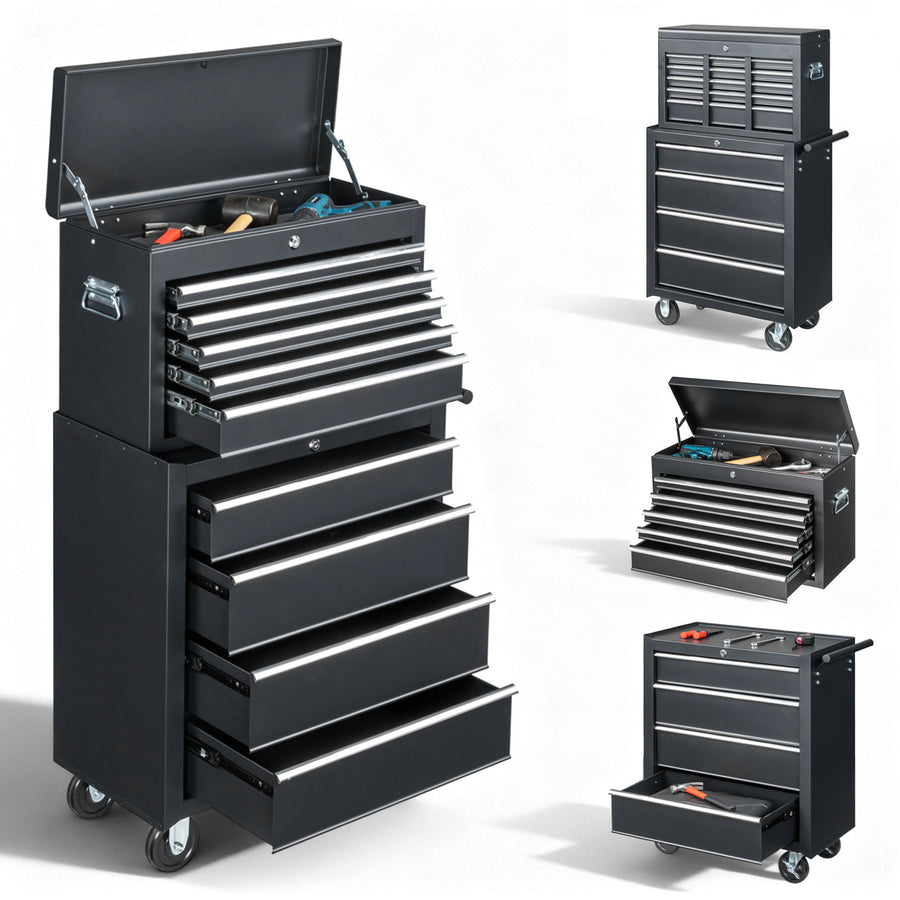 8-Drawer Tool Chest on Wheel, 2-IN-1 Rolling Tool Box & Cabinet Large Capacity with Detachable Top Box, Lockable Garage Organizer Cart with Sliding Drawers, Black