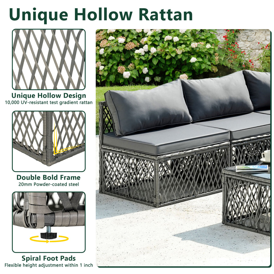 Outdoor Furniture Set, Patio Rattan Wicker Furniture Conversation Set with Cushions and Coffee Table, Garden Terrace Deck Sectional Sofa Set
