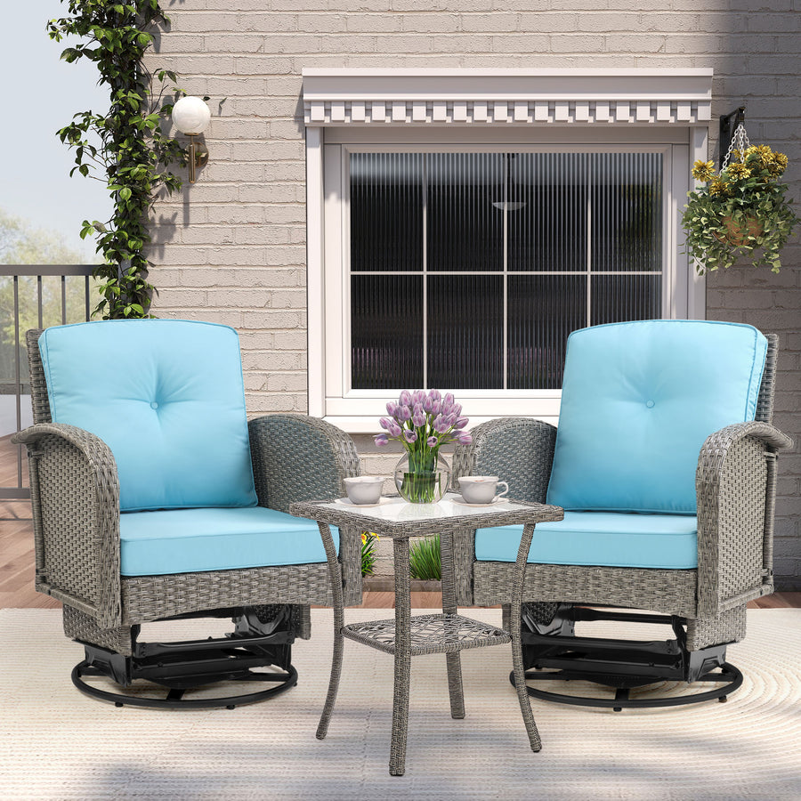 Outdoor Patio Chair Set, 3PCS Porch Funiture for Deck, Deck Rattan Wicker Bistro Set with 4''T Cushions, Coffee Table, 360° Swivel Rocker for 2
