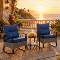 3 Pieces Patio Outdoor Conversation Set, Patio Furniture Bistro Set with 2-Tier Coffee Table, PE Wicker Rocking Chairs with Blue Cushions for for Backyard Porch Poolside