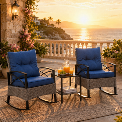 3 Pieces Patio Outdoor Conversation Set, Patio Furniture Bistro Set with 2-Tier Coffee Table, PE Wicker Rocking Chairs with Blue Cushions for for Backyard Porch Poolside
