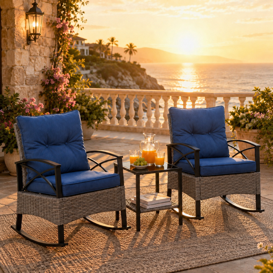 3 Pieces Patio Outdoor Conversation Set, Patio Furniture Bistro Set with 2-Tier Coffee Table, PE Wicker Rocking Chairs with Blue Cushions for for Backyard Porch Poolside