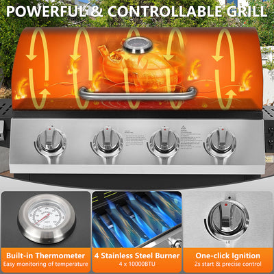 Seizeen 4-Burner Propane Gas Grill, 40,000BTU Outdoor BBQ Grill W/Brush, Stainless Steel Camping Stove for Patio RV Party, Gifts for Father Man