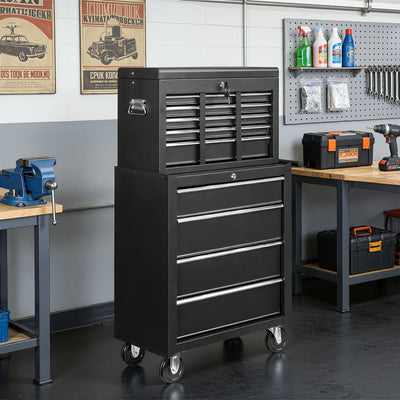 8-Drawer Tool Chest on Wheel, 2-IN-1 Rolling Tool Box & Cabinet Large Capacity with Detachable Top Box, Lockable Garage Organizer Cart with Sliding Drawers, Black