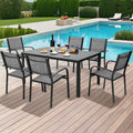 Patio Dining Set of 7, Outdoor Table and Chairs Textilene Design, Patio Furniture with Rectangle Plastic-wood Table, Space-saving Dining Table Set Stackable Design, Gray