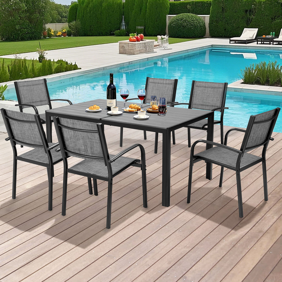 Patio Dining Set of 7, Outdoor Table and Chairs Textilene Design, Patio Furniture with Rectangle Plastic-wood Table, Space-saving Dining Table Set Stackable Design, Gray