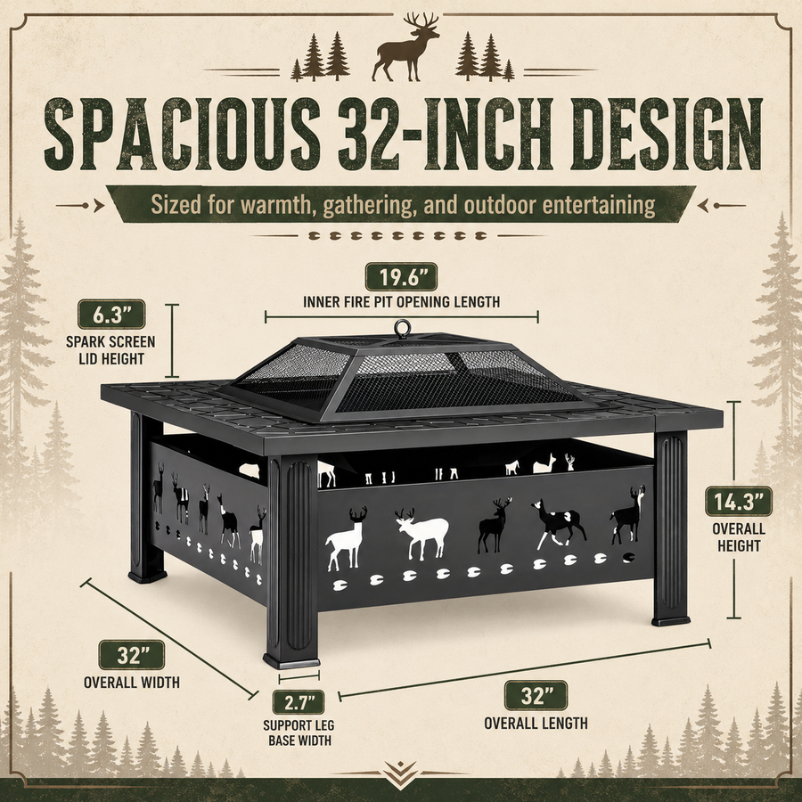 32 Inch Wood Burning Fire Pit for Outside, Square Outdoor Fire Pit Table with Spark Screen & Fire Poker, Heavy Duty Wrought Iron Firepit for Backyard, Patio, Garden & Camping