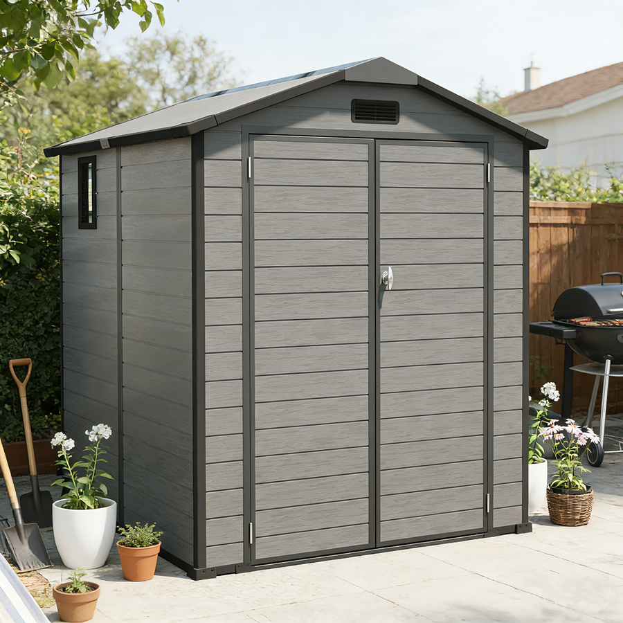 6x6FT Outdoor Storage Shed, Plastic Resin Shed w/Floor and Window, Lockable Tool Bike Garden Patio Large Storage with Sloped Top, Drainage Holes, 30MPH Wind Resistance