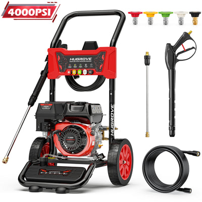 4000PSI Pressure Washer Gas Powered, 2.6GPM Power Washer Portable on Wheels, 210CC 4-Stroke Engine, Built-In Foam Cannon, Five Nozzles, 25 FT Hose, for Patio, Car, Driveway, Fence & Home Cleaning