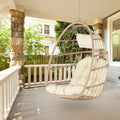 Outdoor Hanging Egg Chair, Wicker Foldable Egg Swing Chair with Khaki Cushions for Patio, Garden, Backyard, Rattan Portable Egg Chair