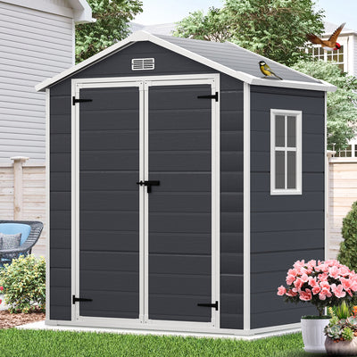 Outdoor Storage Sheds, 6x4FT Resin Shed with Floor Window, Plastic Bike Tool Shed Quick Assembly, All-weather Sloped Top, Double Door Design