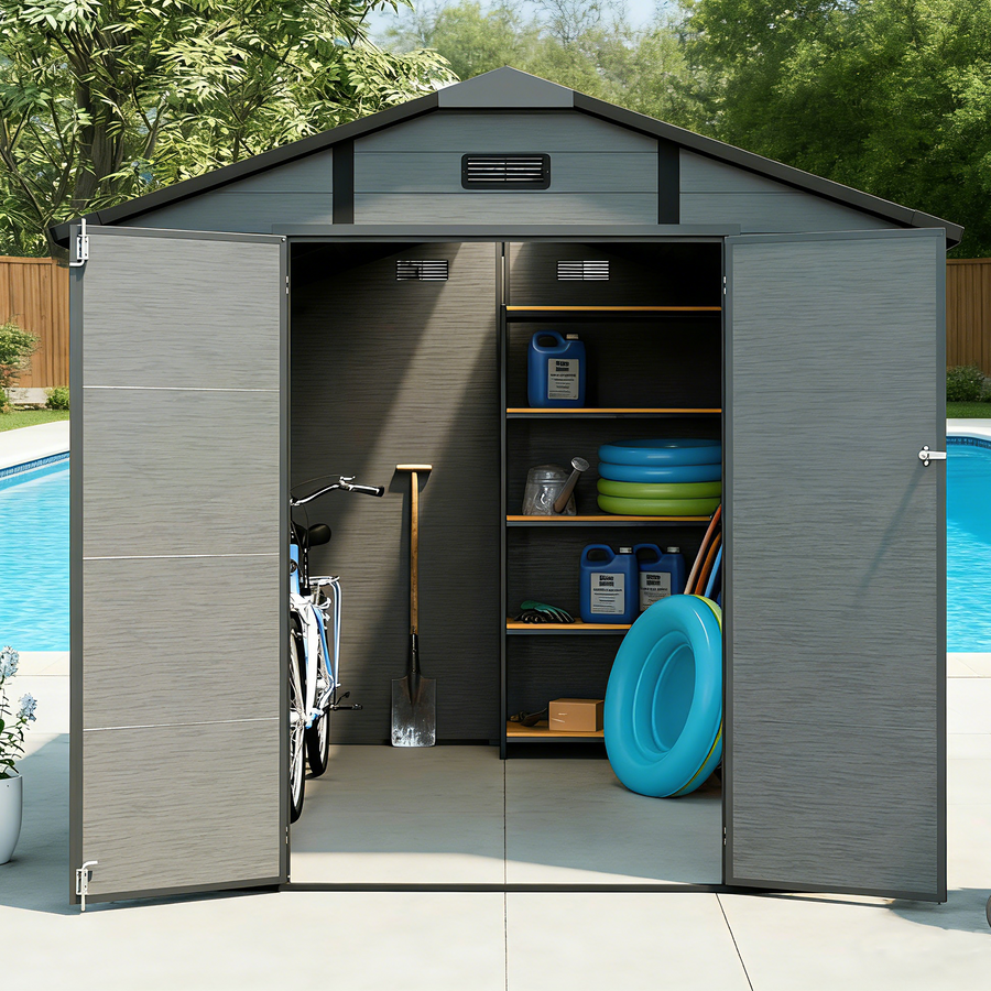 10x7.6ft Shed and Outdoor Storage, Garden Tool Resin Shed w/ Double Lockable Doors, All-Weather XXL Patio Storage Sloped Roof, Backyard Bike Shed with 2 Windows
