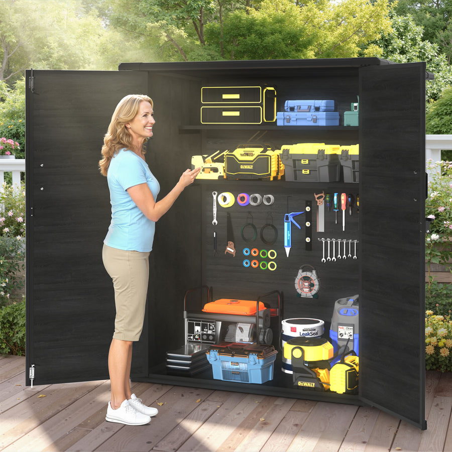 4.6x3FT Resin Storage Shed, Outdoor Lockable Cabinet with Floor and 2-Tier Shelf, Quick AssemblyDouble-Door Plastic Shed w/Floor & Sloping Top