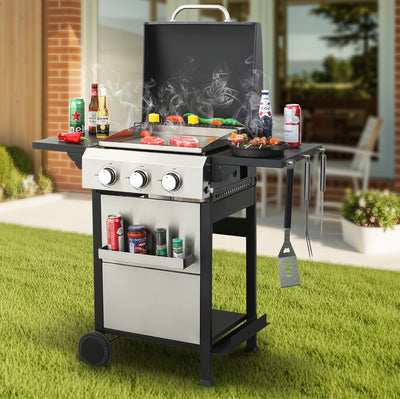 36900BTU Gas Propane Grill, 2-IN-1 Combo Grill Propane Gribble w/ Foldable Side Table, Outdoor BBQ Grill with Stainless Steel Plate, Hanging Basket