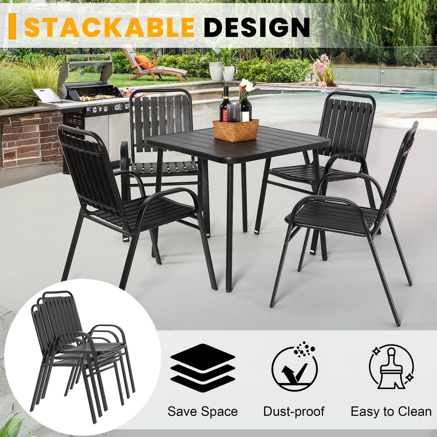 Clearance Outdoor Patio Dining Set for 4, Outdoor Furniture Plastic Table and Chairs, 5-piece Patio Set w/Square Table and Stackable Armchairs, Wood Grain Top, Heavy-duty Steel Frame, Black
