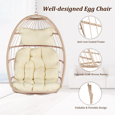 Outdoor Hanging Egg Chair, Wicker Foldable Egg Swing Chair with Khaki Cushions for Patio, Garden, Backyard, Rattan Portable Egg Chair