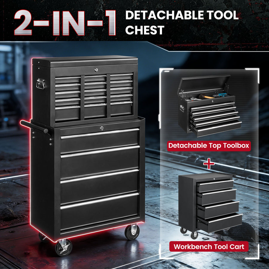 8-Drawer Tool Chest on Wheel, 2-IN-1 Rolling Tool Box & Cabinet Large Capacity with Detachable Top Box, Lockable Garage Organizer Cart with Sliding Drawers, Black