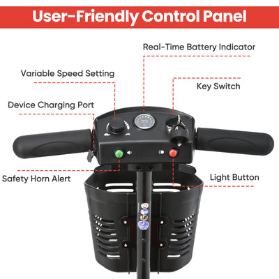 Mobility Scooters for Seniors, Adults Folding Mobility Scooters w/Basket, 24V Electric Scooter Wheelchair, Adjustable Seat, LED Light, Up to 12 Miles, Up to 330lbs, Red, 1-Year Warranty