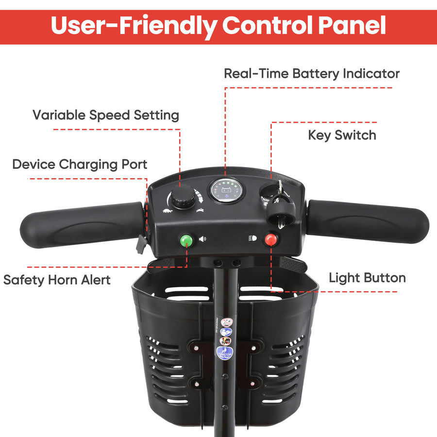 Mobility Scooters for Seniors, Adults Folding Mobility Scooters w/Basket, 24V Electric Scooter Wheelchair, Adjustable Seat, LED Light, Up to 12 Miles, Up to 330lbs, Red, 1-Year Warranty