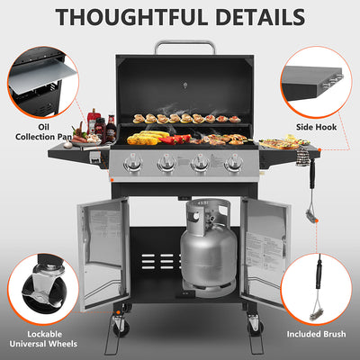 Seizeen 4-Burner Propane Gas Grill, 40,000BTU Outdoor BBQ Grill W/Brush, Stainless Steel Camping Stove for Patio RV Party, Gifts for Father Man