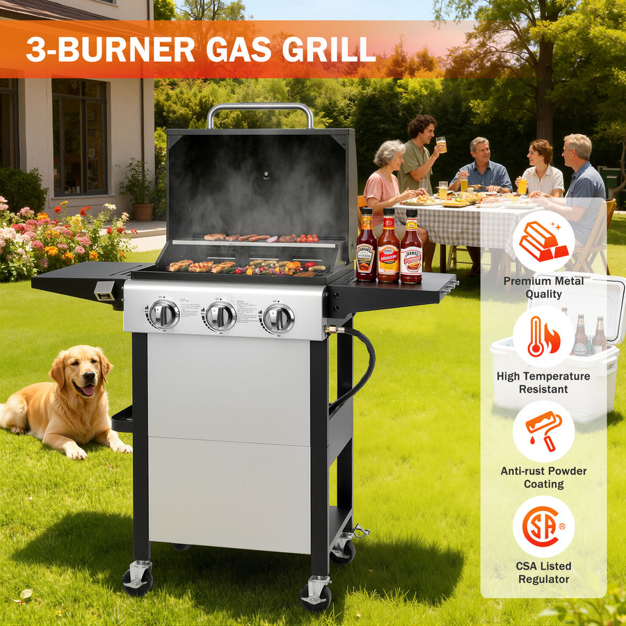 BBQ Grill, Seizeen 30,000 BTU 3-Burner Gas Grill Portable, Backyard Camping Propane Grill with Daul Zone, Foldable Table, Hanging Basket, Steel Brush, Universal Wheels