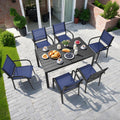 7 Piece Outdoor Patio Dining Set, Plastic-wood Dining Table and Chair for 6, All-weather Textilene Armchair Set Space-saving for Small Garden Yard Deck Porch, Blue