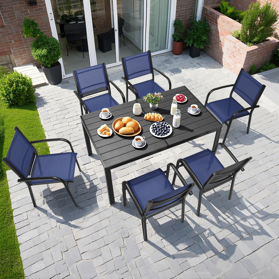 7 Piece Outdoor Patio Dining Set, Plastic-wood Dining Table and Chair for 6, All-weather Textilene Armchair Set Space-saving for Small Garden Yard Deck Porch, Blue