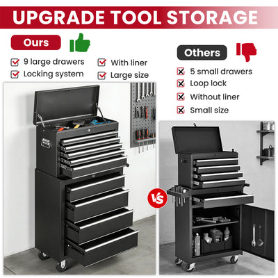 8-Drawer Tool Chest on Wheel, 2-IN-1 Rolling Tool Box & Cabinet Large Capacity with Detachable Top Box, Lockable Garage Organizer Cart with Sliding Drawers, Black