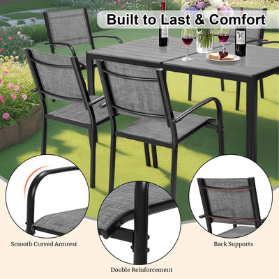 Seizeen 7 Pieces Patio Dining Set, Outdoor Patio Furniture Set, Plastic-wood Table Top with Steel Frame, Dining Set w/Gray Textilene Chairs for Backyard, Garden and Poolside