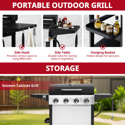 Upgraded Gas Grill W/Brush, 4-Burner Propane Grill Outdoor Barbecue w/Foldable Table & Hanging Basket, Portable Grill on Wheels, 36,000 BTU