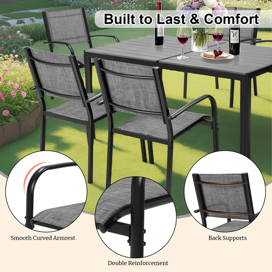 Patio Dining Set of 7, Outdoor Table and Chairs Textilene Design, Patio Furniture with Rectangle Plastic-wood Table, Space-saving Dining Table Set Stackable Design, Gray