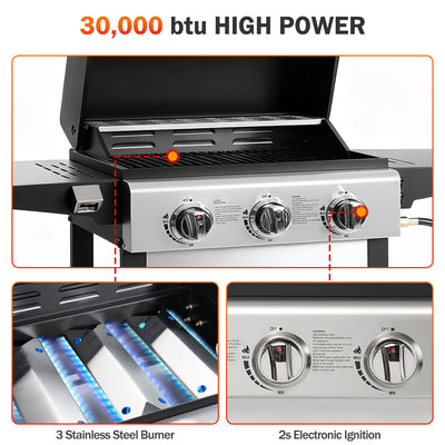 BBQ Grill, Seizeen 30,000 BTU 3-Burner Gas Grill Portable, Backyard Camping Propane Grill with Daul Zone, Foldable Table, Hanging Basket, Steel Brush, Universal Wheels