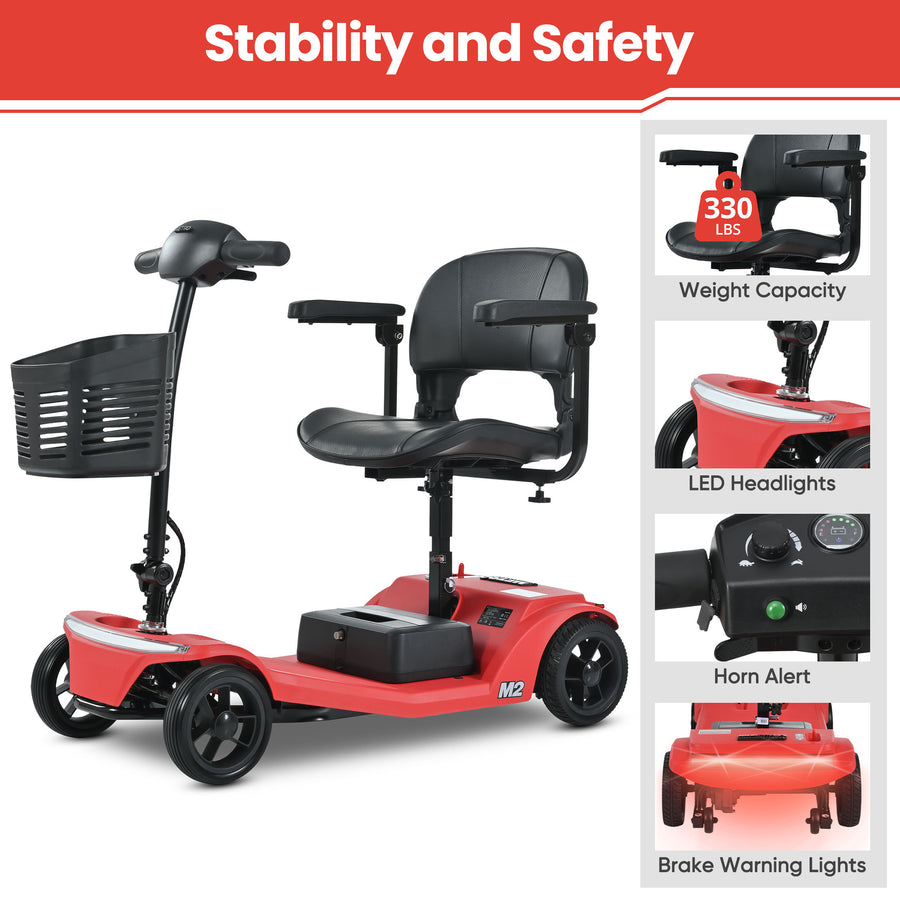 Mobility Scooters for Seniors, Adults Folding Mobility Scooters w/Basket, 24V Electric Scooter Wheelchair, Adjustable Seat, LED Light, Up to 12 Miles, Up to 330lbs, Red, 1-Year Warranty