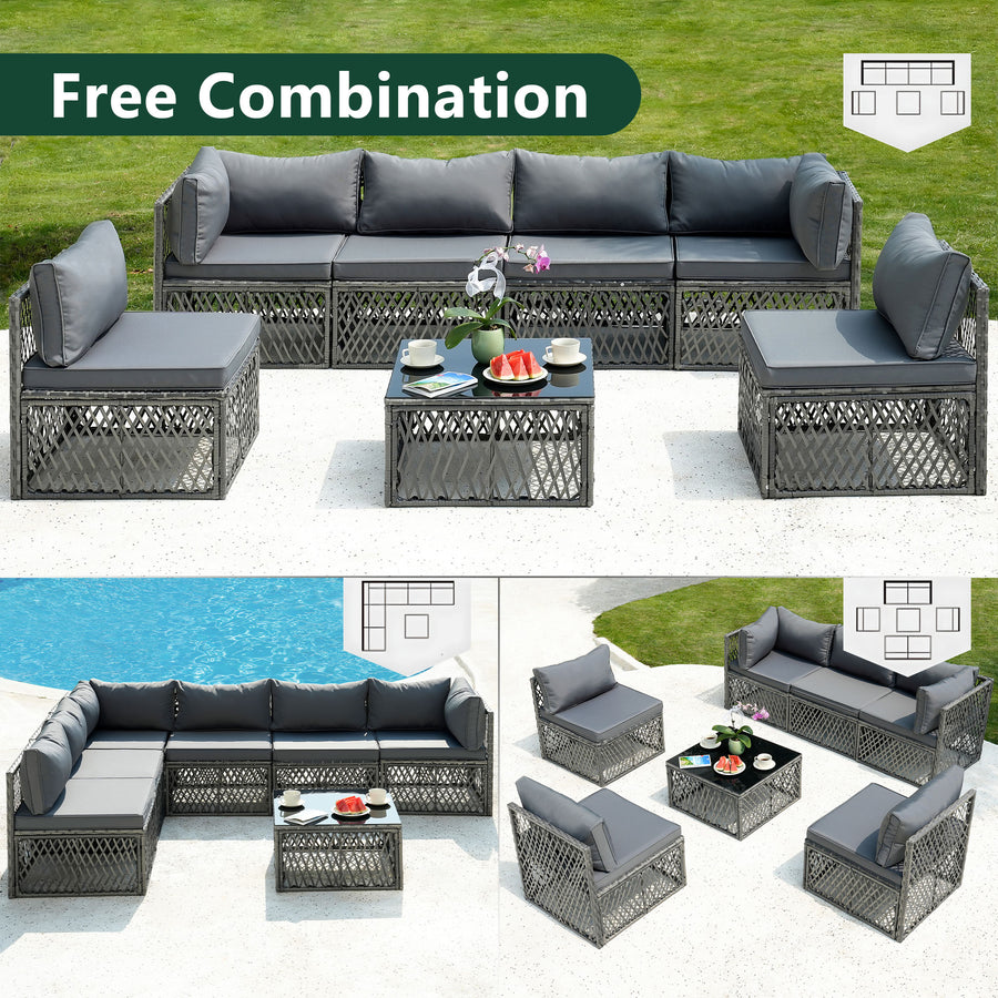 Outdoor Furniture Set, Patio Rattan Wicker Furniture Conversation Set with Cushions and Coffee Table, Garden Terrace Deck Sectional Sofa Set