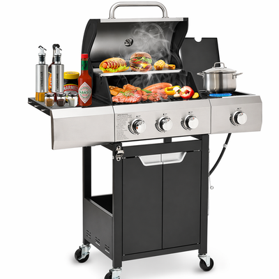3-Burner Propane Gas Grill with Side Burner, 40,500 BTU Stainless Steel Outdoor BBQ Grill, 465 Sq. In. Cooking Area, Electronic Ignition and Side Table for Patio Backyard