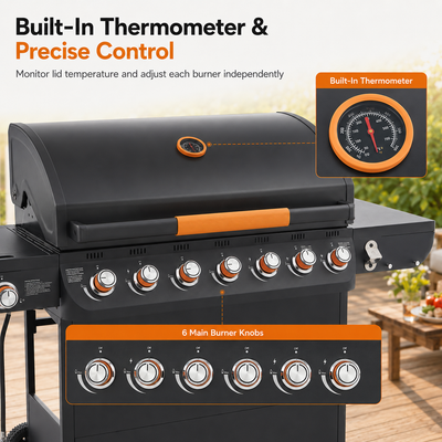 Seizeen 72,000 BTU Powerful Gas Grill, 6-Burner Propane BBQ Grill with Side Burner, w/Cast Iron Grates, Warming Rack, Thermometer