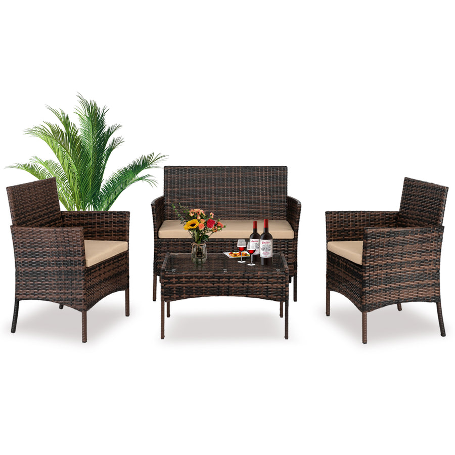 Outdoor Patio Furniture Set, Seizeen 4 Pieces Rattan Conversation Set Cushioned Sofa & Charis, Deck Garden Poolside Furniture Table Set for 4, Brown