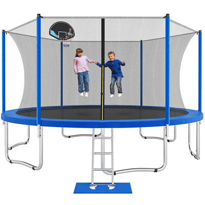 Seizeen Trampoline for Kids - 12FT Large Trampoline W/ Thickened Enclosure Net & Hoop, Outdoor Round Trampolines with Steel Support & Ladder, Large Trampoline Hold Up to 4-6 Kids, Blue
