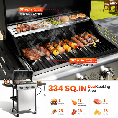 BBQ Grill, Seizeen 30,000 BTU 3-Burner Gas Grill Portable, Backyard Camping Propane Grill with Daul Zone, Foldable Table, Hanging Basket, Steel Brush, Universal Wheels