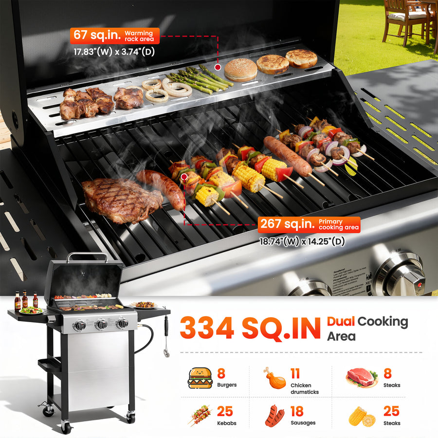 BBQ Grill, Seizeen 30,000 BTU 3-Burner Gas Grill Portable, Backyard Camping Propane Grill with Daul Zone, Foldable Table, Hanging Basket, Steel Brush, Universal Wheels