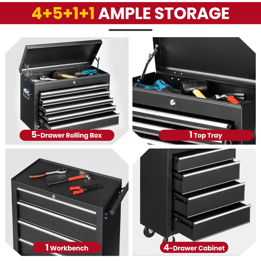 8-Drawer Tool Chest on Wheel, 2-IN-1 Rolling Tool Box & Cabinet Large Capacity with Detachable Top Box, Lockable Garage Organizer Cart with Sliding Drawers, Black