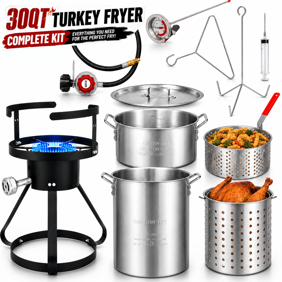 4PCS Outdoor Turkey Fryer Kit, 54,000 BTU Propane Deep Fryer with 30QT & 10QT Aluminum Seafood Boil Pots, Baskets, 32.3-Inch Iron Stand, Poultry Rack, Thermometer and Injector