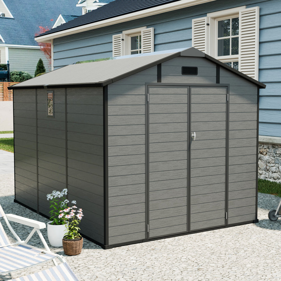 10x7.6ft Shed and Outdoor Storage, Garden Tool Resin Shed w/ Double Lockable Doors, All-Weather XXL Patio Storage Sloped Roof, Backyard Bike Shed with 2 Windows