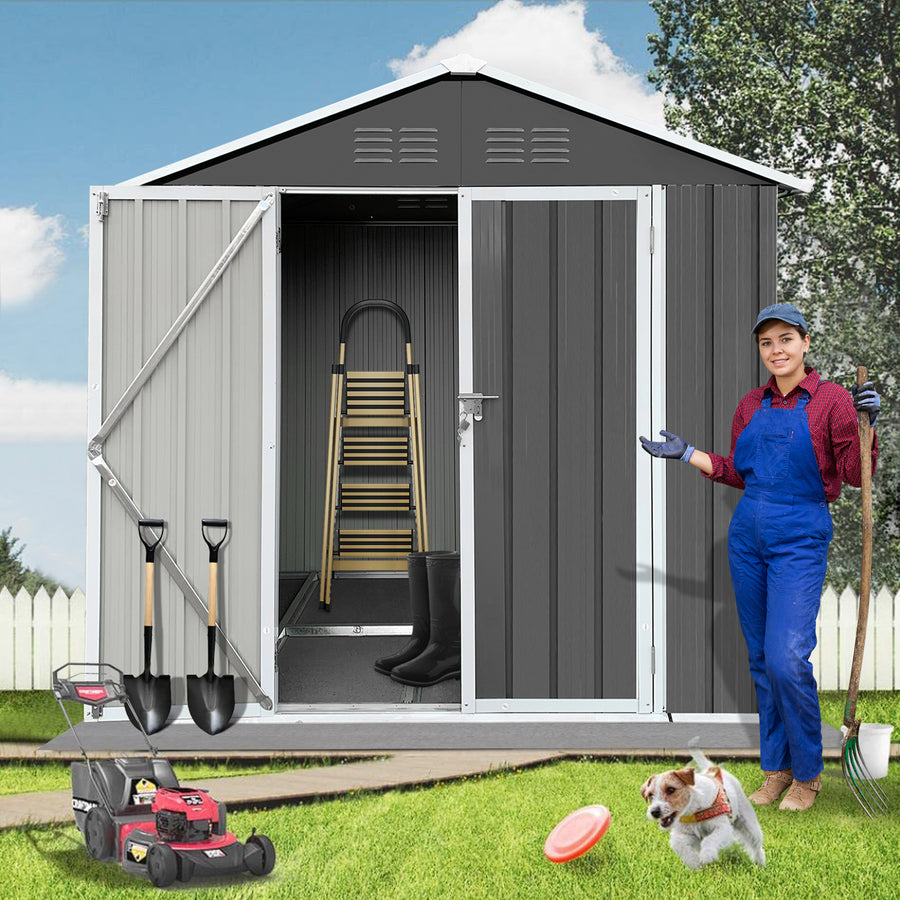 Seizeen Sheds and Outdoor Storage, 6 x 4FT Large Metal Storage Shed for Outdoor, Upgraded Sloped Top Garden Sheds All-Weather, Galvanized Steel Tool Shed Lockable with Bottom Frame, Gray